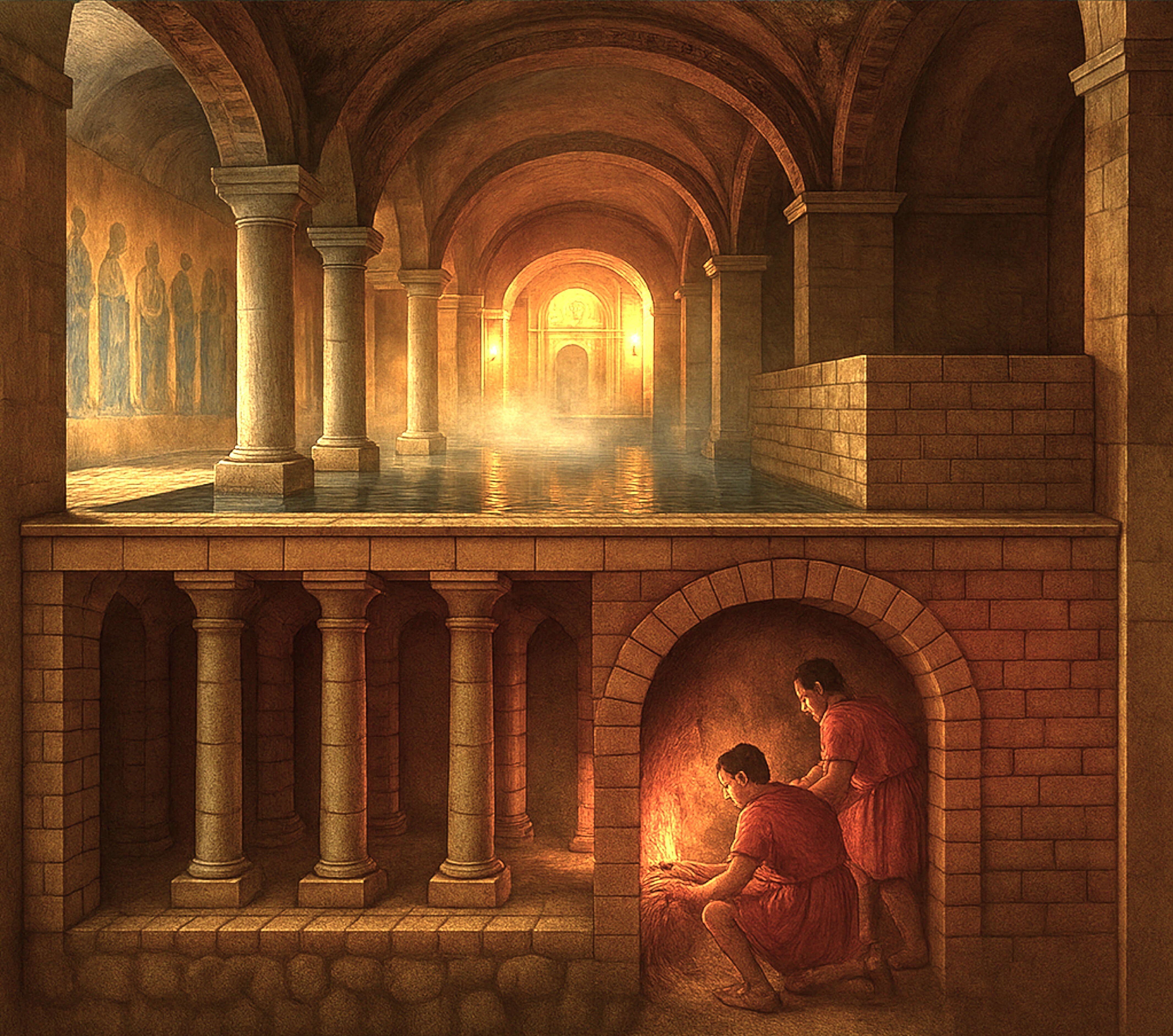 Eksempelbilde av oppvarming ved hjelp av det Romerske hypokaust-systemet