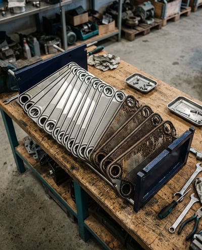 Firefly_Gemini Flash_An opened plate heat exchanger laid on a workbench, plates separated and fanned out.  470943