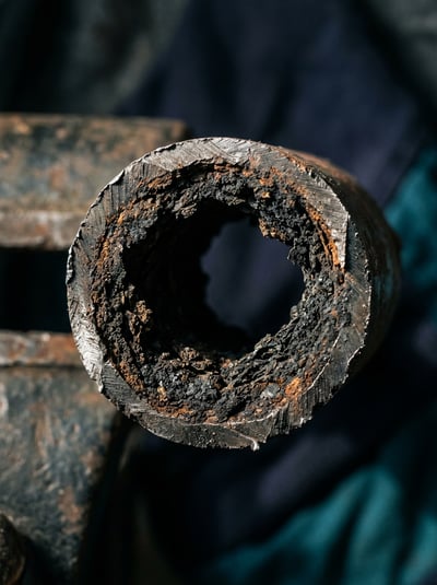 Firefly_Gemini Flash_Macro cross-section of a cut steel heating pipe showing dark deposit and sediment bui 470943